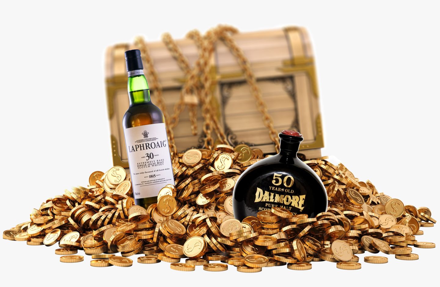 Whisky Bottles and Treasure Chest with Coins